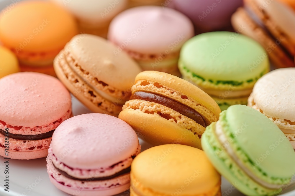 Detailed view of a plate of colorful macarons, showcasing the variety of flavors and delicate texture Detailed view of a plate of colorful macarons, showcasing the variety of flavors and delicate texture