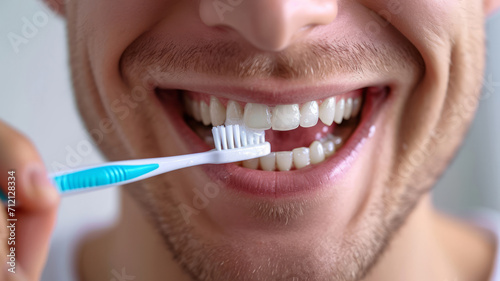 beautiful mouth of man with hand holding brush brushing, young man brushing him teeth with a toothbrush isolated on white background.generative ai