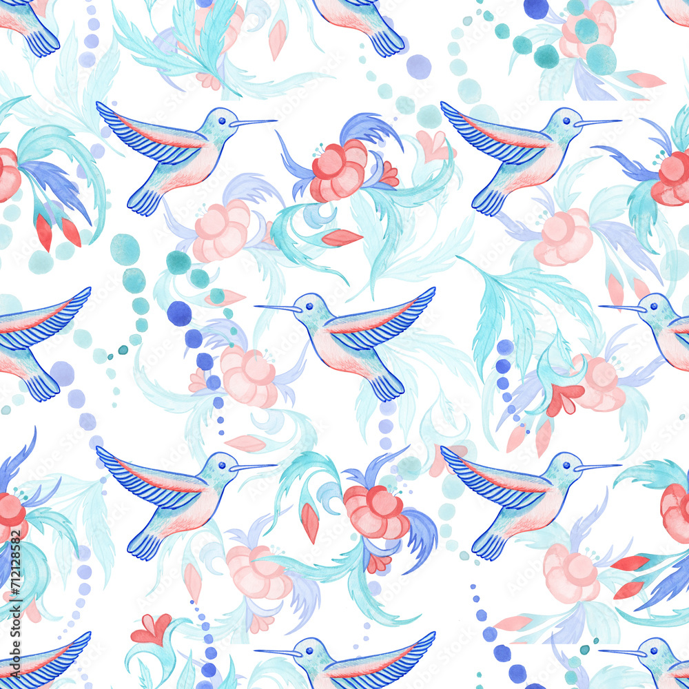 Hummingbirds and flowers watercolor seamless pattern. Hand drawn print with birds and an ornament for fabric and wallpaper in blue and pink tones. Backdrop in boho folk style. Hummingbirds and flowers watercolor seamless pattern. Hand drawn print with birds and an ornament for fabric and wallpaper in blue and pink tones. Backdrop in boho folk style.