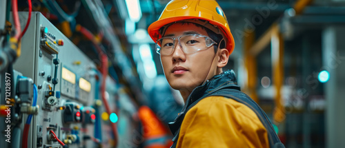 asian man commercial electrician with staff at work on a fuse box in factory, adorned in safety gear,generative ai
