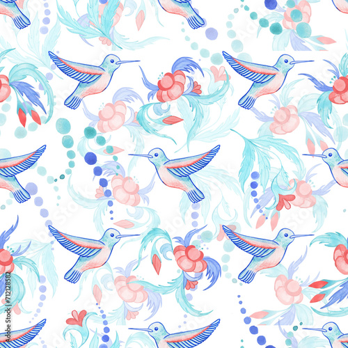 Hummingbirds and flowers watercolor seamless pattern. Hand drawn print with birds and an ornament for fabric and wallpaper in blue and pink tones. Backdrop in boho folk style.