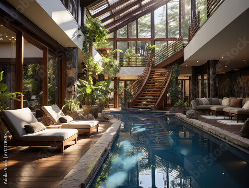 Interior of a mansion with a large swimming pool