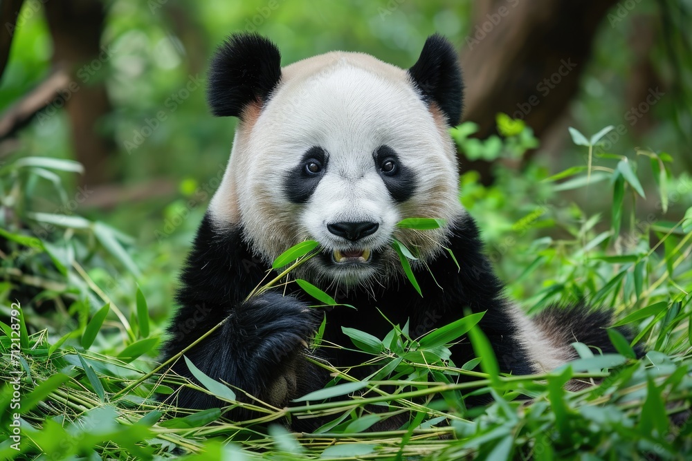 Gentle giant panda munching bamboo in a peaceful forest clearing Gentle giant panda munching bamboo in a peaceful forest clearing