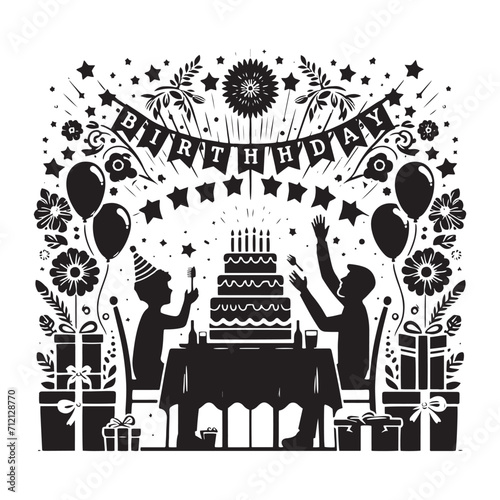 Serene Soiree: Birthday Party Silhouette in a Tranquil Celebration - Birthday Silhouette - Birthday Party Vector
