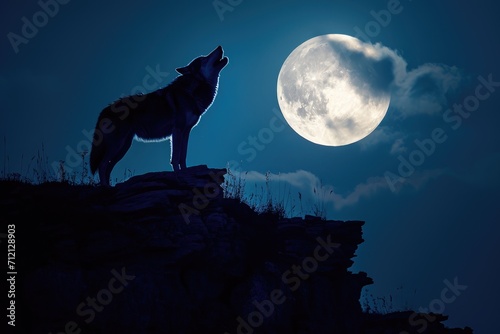 Lone wolf howling on a rocky cliff against a full moon © furyon