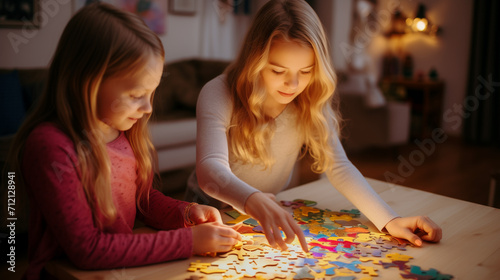 Two young girls assembling puzzle together