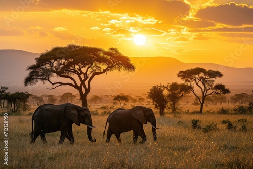 Lumbering elephants taking a leisurely stroll in the African savannah at sunset
