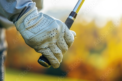 Macro shot of a golfer's gloved hand adjusting the grip on a golf club, focusing on technique and finesse photo