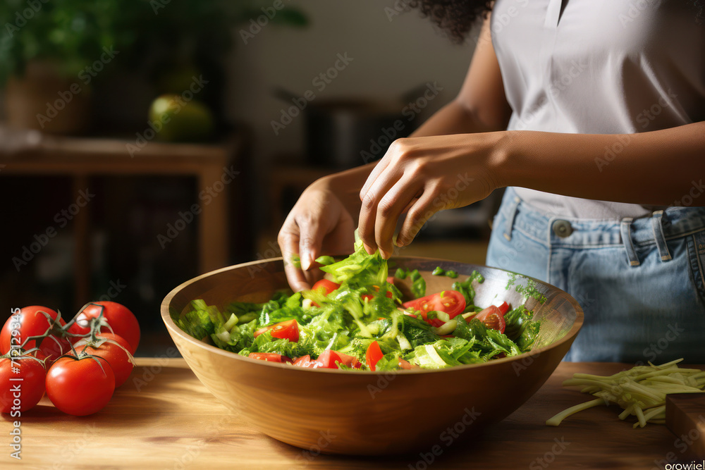 Fresh, Healthy Salad: A Woman's Green Kitchen Meal. Fresh, Healthy Salad: A Woman's Green Kitchen Meal.
