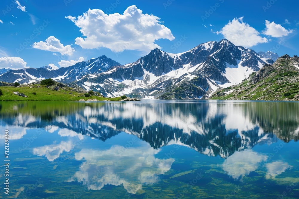 Majestic mountains capped with snow, reflecting in a crystal-clear alpine lake