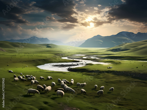 Wallpaper Mural In A Vast Grassland, A Herd Of Sheep Grazing In A Grassy Field Torontodigital.ca