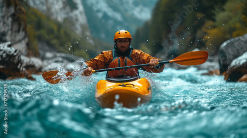 kayaker with whitewater kayaking, down a white water rapid river in the mountains, beautiful landscape background,henerative ai © LomaPari2021