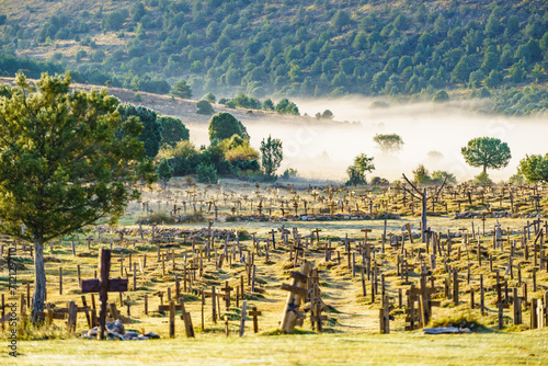 Haze in morning over Sad Hill Cemetery in Burgos, Spain