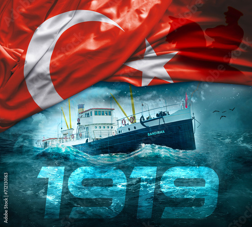 Bandırma ferry. 19 May Commemoration of Atatürk, Youth and Sports Day. Translate: The writing on the ship is the name of the ship (Bandırma Vapuru).