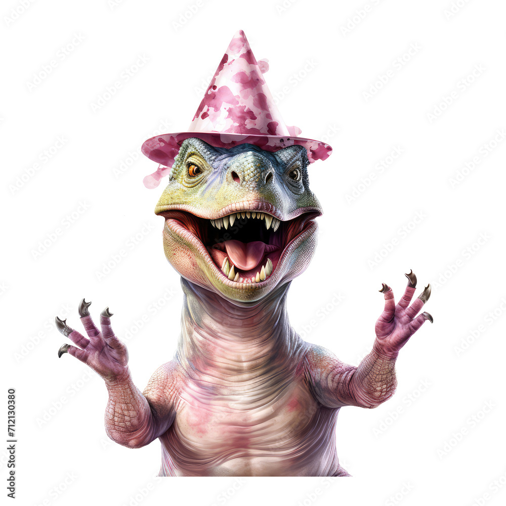 Dinosaur wearing a fun birthday hat, jumping with hands raised, watercolor style, bright light pink.