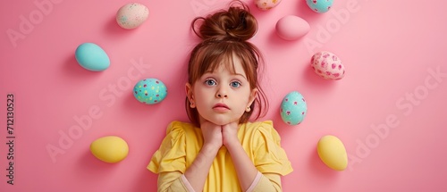 A little girl against a isoloted pink background, Happy Easter Day