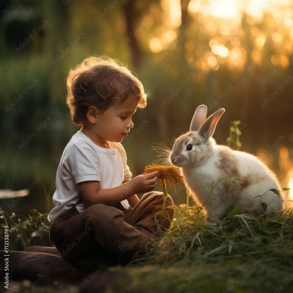 Adorable Moment: Little Boy Feeding a Bunny with Love Adorable Moment: Little Boy Feeding a Bunny with Love