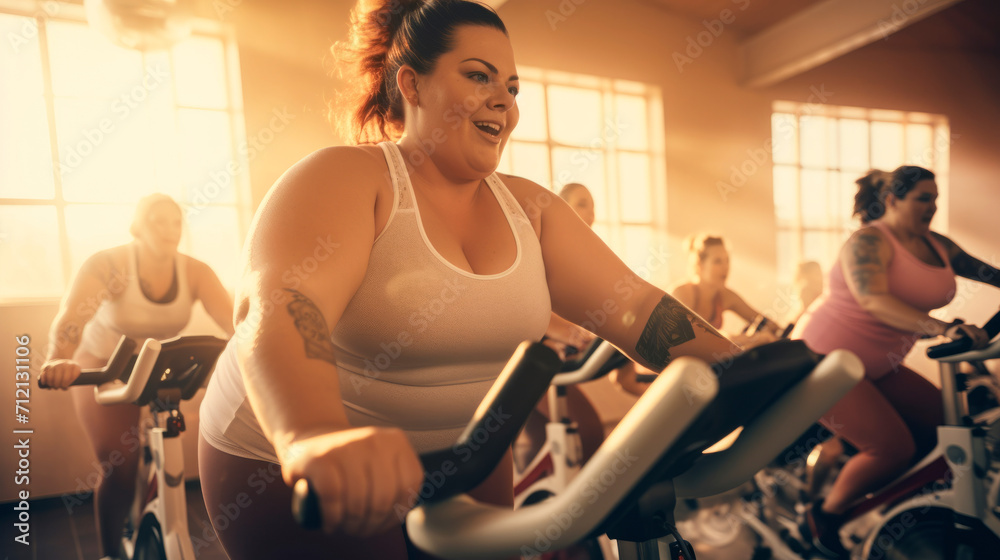 Europian full woman with bright smile rides bike at fitness center, leading a group in a spinning class. Group fitness class. Losing weight and healthy lifestyle. Motivation and overcoming yourself Europian full woman with bright smile rides bike at fitness center, leading a group in a spinning class. Group fitness class. Losing weight and healthy lifestyle. Motivation and overcoming yourself