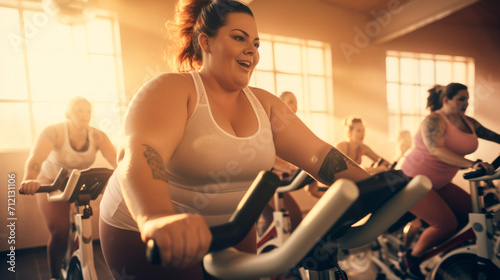 Europian full woman with bright smile rides bike at fitness center, leading a group in a spinning class. Group fitness class. Losing weight and healthy lifestyle. Motivation and overcoming yourself photo