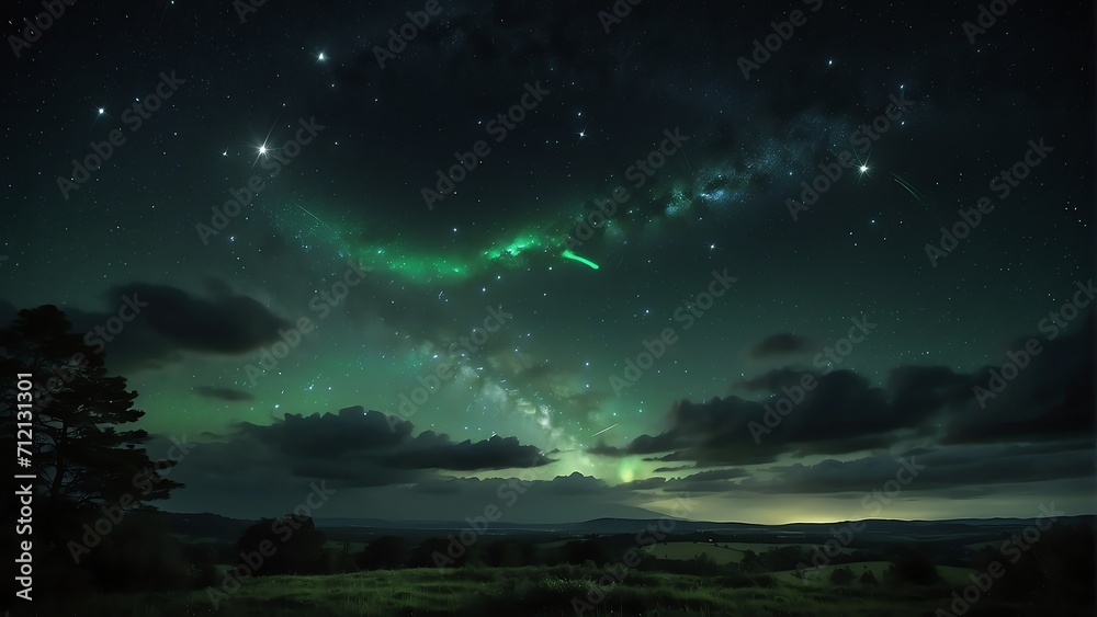 Bright green shooting falling stars on one direction of a cloudy night sky with visible stars and space galaxy from Generative AI