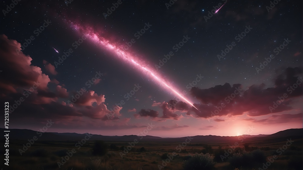 Bright pink shooting falling stars on one direction of a cloudy night sky with visible stars and space galaxy from Generative AI