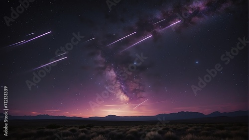 Bright purple shooting falling stars on one direction of a cloudy night sky with visible stars and space galaxy from Generative AI