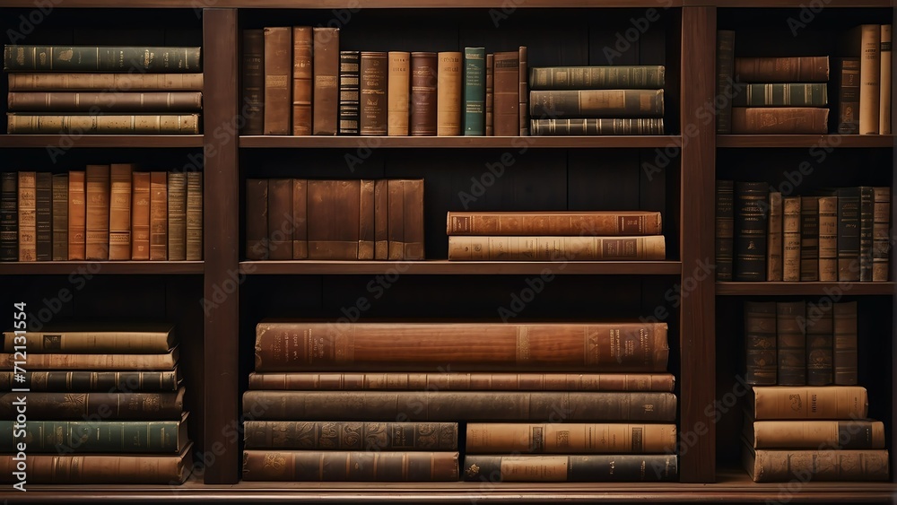 Wooden bookshelf full of old vintage books from Generative AI