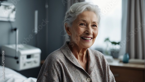 Smiling happy patient elderly man on hospital room background, medical services and treatment ad concept from Generative AI