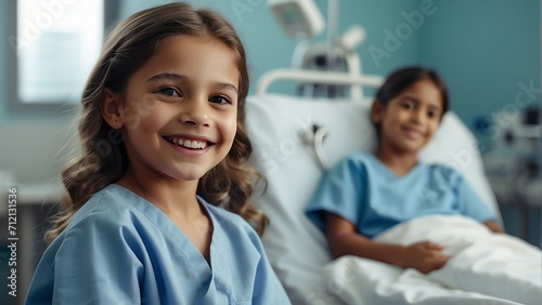 Smiling happy patient girl child kid on hospital room background, medical services and treatment ad concept from Generative AI