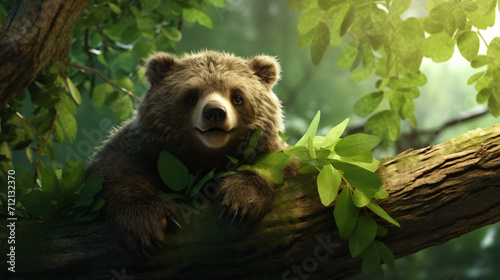 Ocala bear on a branch with green leaves realistic photo