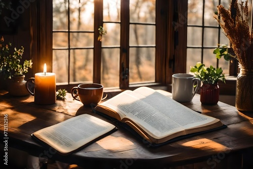 Craft a poem that explores the symbolic significance of window light in the context of morning devotions with open Bibles, coffee, and the comforting presence of wooden tables. photo