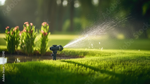 an automatic sprinkler on a green lawn, photo