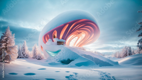 Concept illustration design of a house from the future. Futuristic, buildings, Snowy