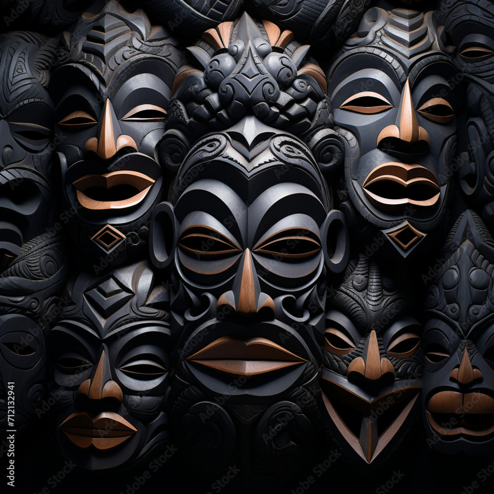 fotografia con detalle y textura de varias mascaras tribales de tonos oscuros