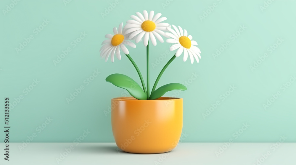 Cute chamomile or daisy in flowerpot 3D illustration