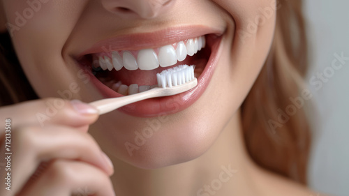 beautiful mouth of woman with hand holding brush brushing, young woman brushing her teeth with a toothbrush isolated on white background.generative ai