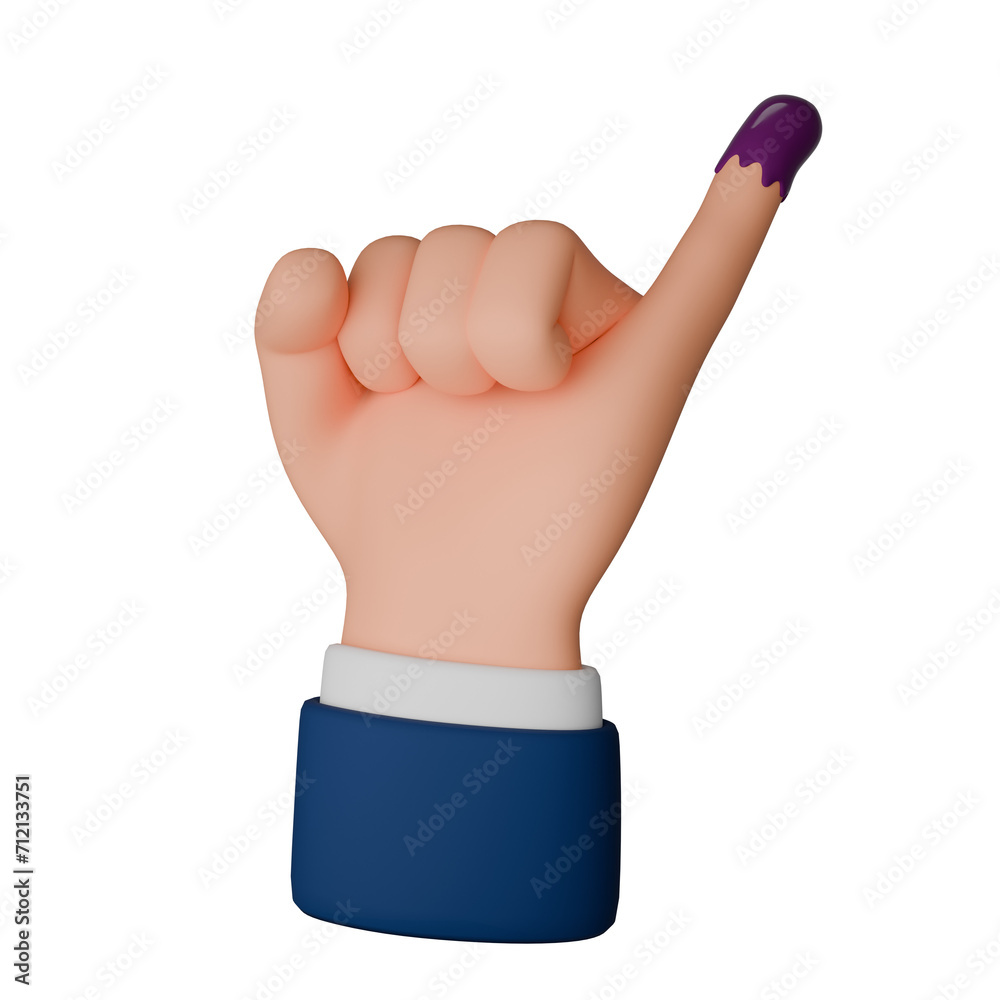 3D render icon of hand gesture little finger after voting on Indonesia general election. The finger dipped in purple ink 3D render icon of hand gesture little finger after voting on Indonesia general election. The finger dipped in purple ink