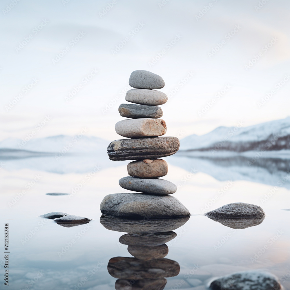 fotografia con detalle de totem de piedras de rio, sobre agua y paisaje natural de fondo fotografia con detalle de totem de piedras de rio, sobre agua y paisaje natural de fondo