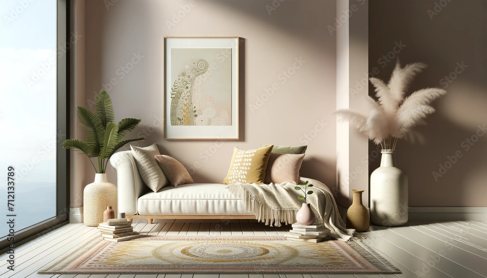 boho style lounge with a sinlge frame on the wall and a couch boho style lounge with a sinlge frame on the wall and a couch