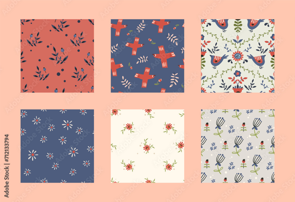 Folk hygge floral seamless pattern pack - birds, branches, flowers and leaves scandinavian nordic style, botanical repeating motives on background for wrapping, textile, digital or scrapbook paper