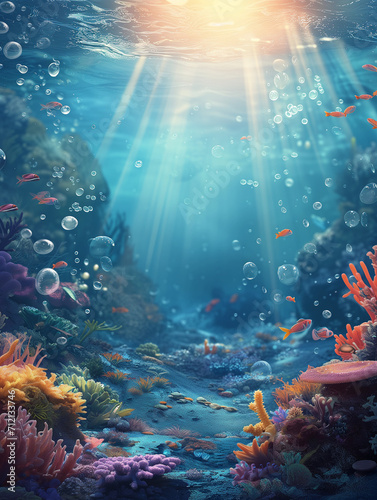 Underwater ocean background with coral reef, fish marine life, sunbeams