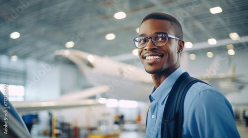 Portrait of a happy and confident male aerospace engineer works in the aviation industry with his expertise in technology and electronics