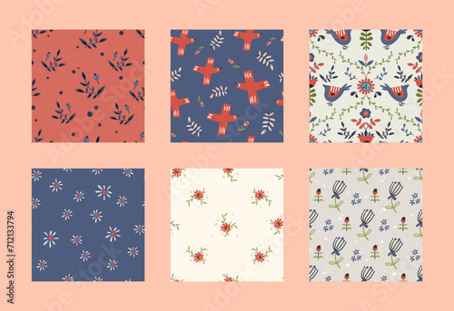 Folk hygge floral seamless pattern pack - birds, branches, flowers and leaves scandinavian nordic style, botanical repeating motives on background for wrapping, textile, digital or scrapbook paper