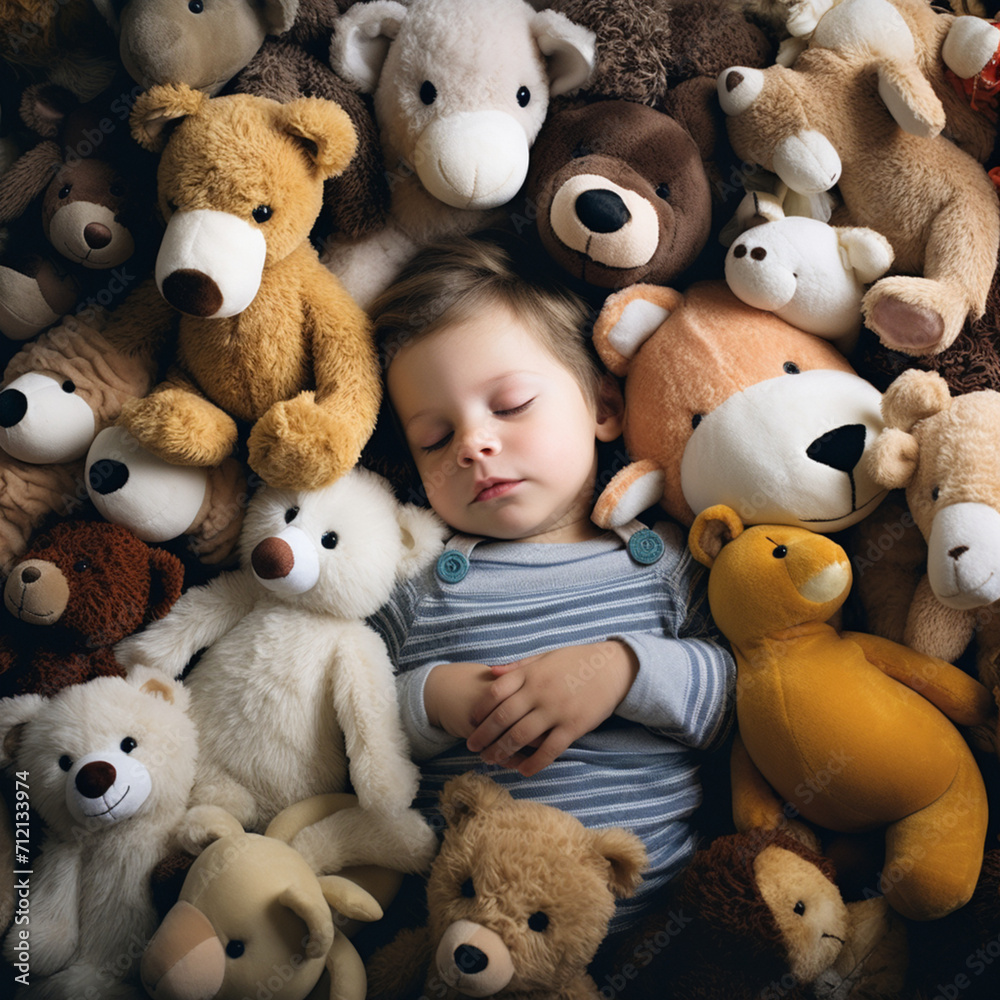 fotografia con detalle de adorable niño dormido entre varios peluches fotografia con detalle de adorable niño dormido entre varios peluches