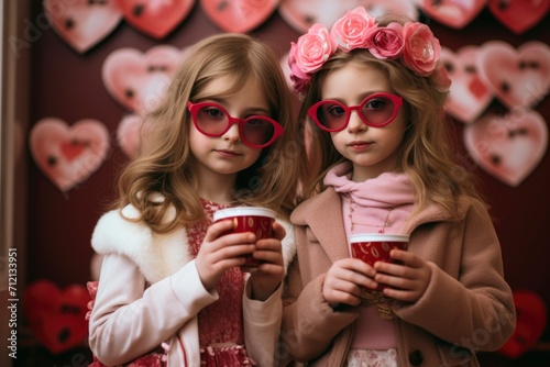 two little girls wearing pink heart glasses. generative ai