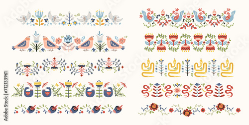 Folk scandi seamless borders set - birds, leaves, flowers, branches in scandinavian hygge style, ethnic floral repeating motifs on background for wrapping, textile, digital or scrapbook paper