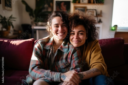 two women sitting on the couch together hugging. generative ai