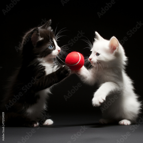 fotografia con detalle de dos simpaticos gatitos jugando con una pelota de color rojo photo