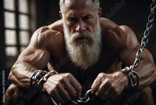 Strong muscular old man breaking chains. AI generated