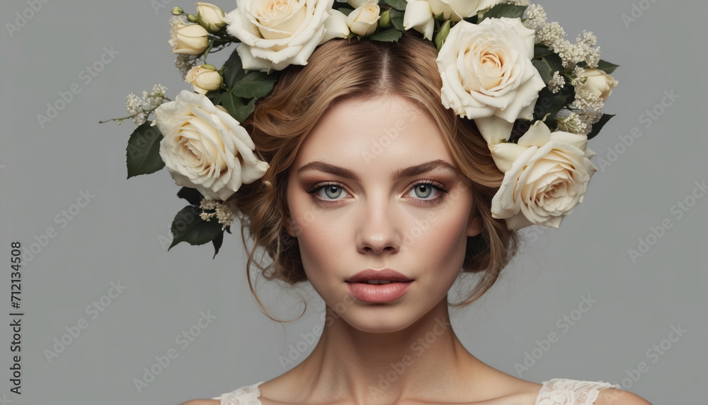 White blond woman wearing white flowers on head. AI generated